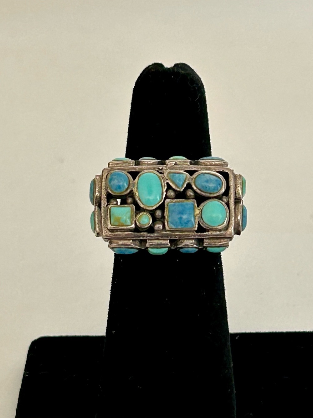 Sterling Mosaic Turquoise Inlay Chunky Statement Ring - Blue Green Geometric